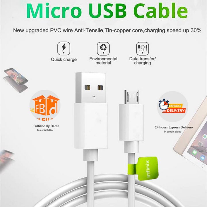 100% Original Infinix Micro USB Cable - White-Fast Charging Cable For Android Mobile Phones - Best Android Phones Cable, Designed For Infinix Smartphones Infinix Data Cable